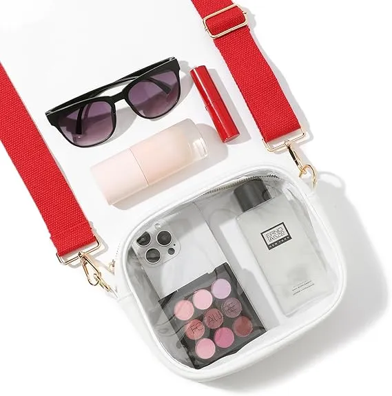 TOBVZOO Clear Purse Crossbody Bag for Women Stadium Approved, Small Leather Clear Bag with Adjustable Strap for Concert Sports Events (White - Red Striped Strap)