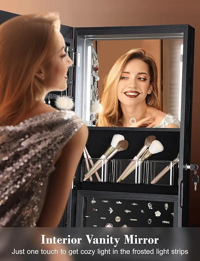 Nicetree 360° Swivel Jewelry Cabinet with Lights, Touch Screen Vanity Mirror, Rotatable Full Length Mirror with Jewelry Storage, Standing Jewelry Armoire Organizer, Foldable Makeup Shelf, Bla