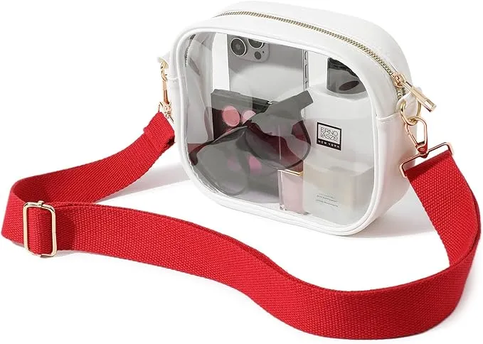 TOBVZOO Clear Purse Crossbody Bag for Women Stadium Approved, Small Leather Clear Bag with Adjustable Strap for Concert Sports Events (White - Red Striped Strap)