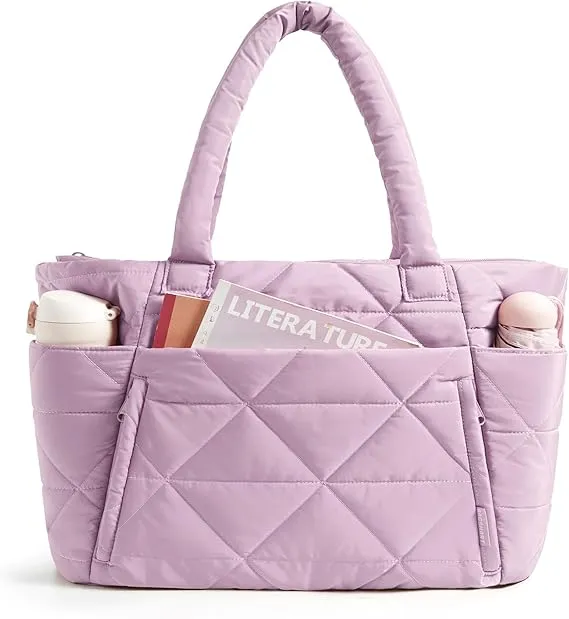 BAGSMART Tote Bag for Women, Puffy Tote Bag with Zipper, Large Quilted Shoulder Bag with Compartments for Travel, Work, Gym (Purple)