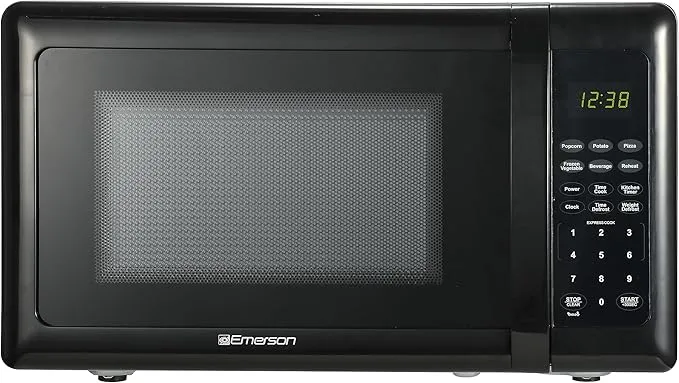 Emerson MW7302B Compact Countertop Microwave Oven with Touch Control, LED Display, 700W, 10 Power Levels, 6 Auto Menus, Glass Turntable and Child Safe Lock, 0.7 Cu., Ft. Black
