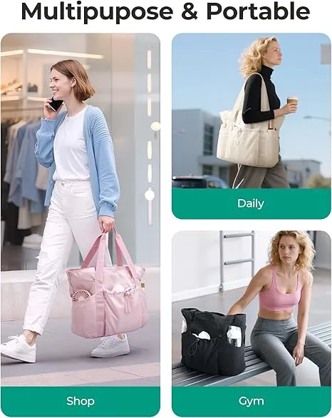 BAGSMART Women Foldable Tote Bag with Drawstring Storage Bag, Large Tote Bag Shoulder Bag Top Handle Handbag for Travel, Work, Beach, Gym, Shop, (Black)