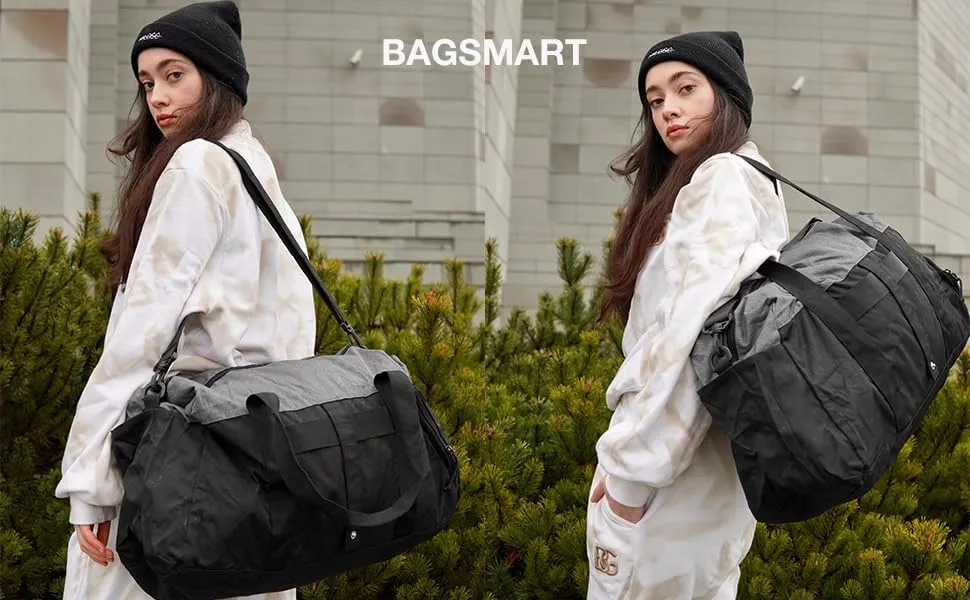 BAGSMART Gym Bags for Men, Foldable Sports Duffle Bag, Lightweight Weekender Duffel Bag With Shoe Compartment, Water Resistant Workout Duffle Sports Bag for Travel Fitness Swimming Yoga, Grey