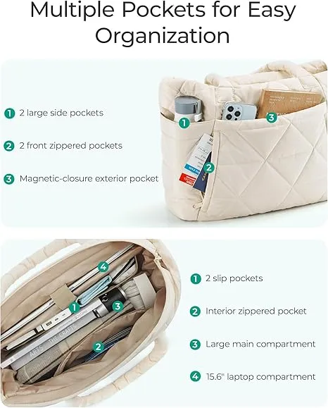 BAGSMART Tote Bag for Women, Puffy Tote Bag with Zipper, Large Quilted Shoulder Bag with Compartments for Travel, Work, Gym (Purple)