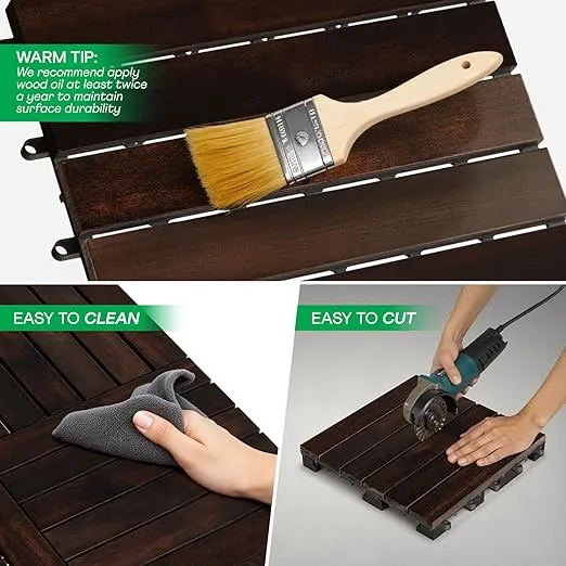 Idzo Interlocking Deck Tiles - 10PCS Waterproof Acacia Wood Patio Tiles, Flooring Tiles for Both Indoor and Outdoor - Decking Stripe Pattern, Dark Brown, 12 x 12 x 0.9 inches