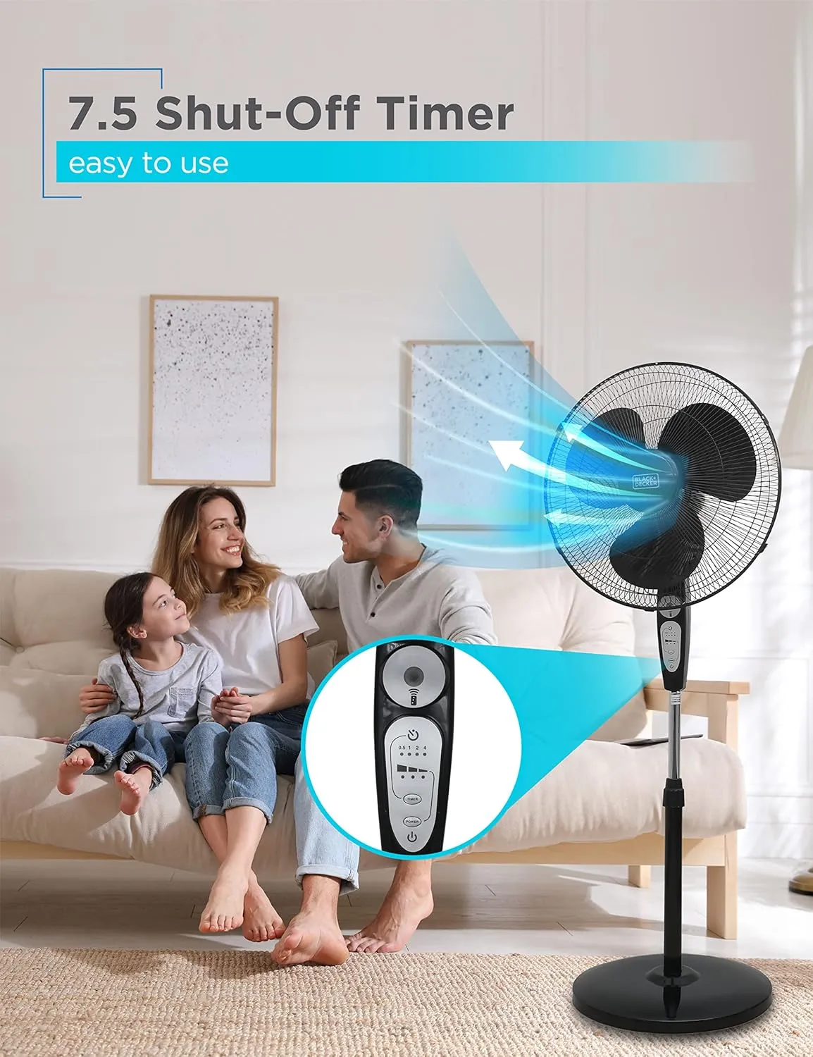 BLACK+DECKER 18-Inch Stand Fan with Pedestal Base, Height Adjustable Pedestal Fan with Remote and Touch Control Panel, Free Standing Fan with 90-Degree Oscillating and 3-Speed Settings, Black