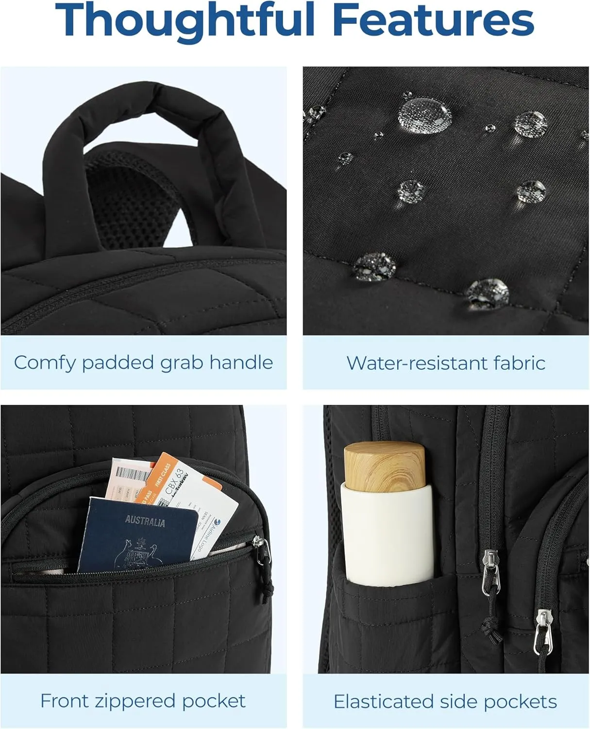 BAGSMART College Laptop Backpack, Travel Backpack for Women, Quilted Casual Daypack, Water-Resistant Bookbag for 15.6 Inch Laptop, Black