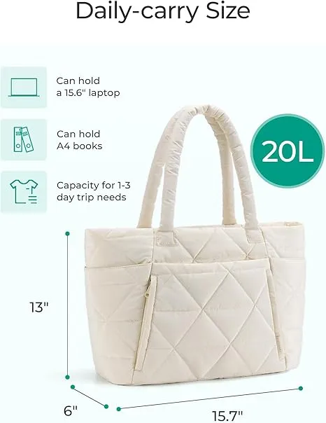 BAGSMART Tote Bag for Women, Puffy Tote Bag with Zipper, Large Quilted Shoulder Bag with Compartments for Travel, Work, Gym (Beige)