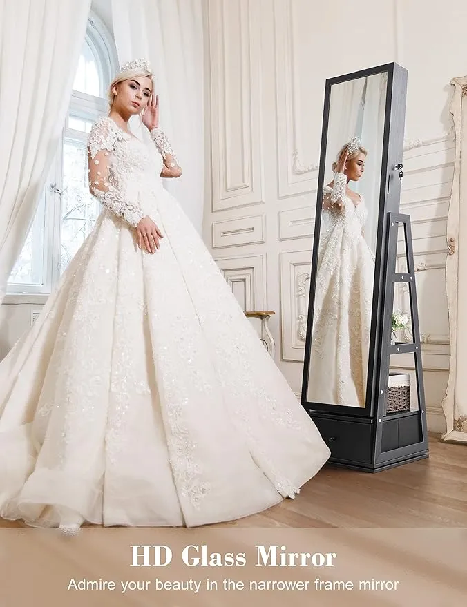 Nicetree 360° Swivel Jewelry Cabinet with Lights, Touch Screen Vanity Mirror, Rotatable Full Length Mirror with Jewelry Storage, Standing Jewelry Armoire Organizer, Foldable Makeup Shelf, Bla