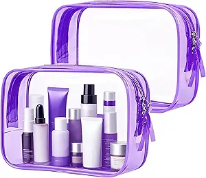 PLULON 2 Pack Clear Travel Toiletry Bag, TSA Approved Toiletry Bag Clear Makeup Bag Quart Size Portable Cosmetic Bags Carry on Travel Accessories Bag for Women Men - Purple