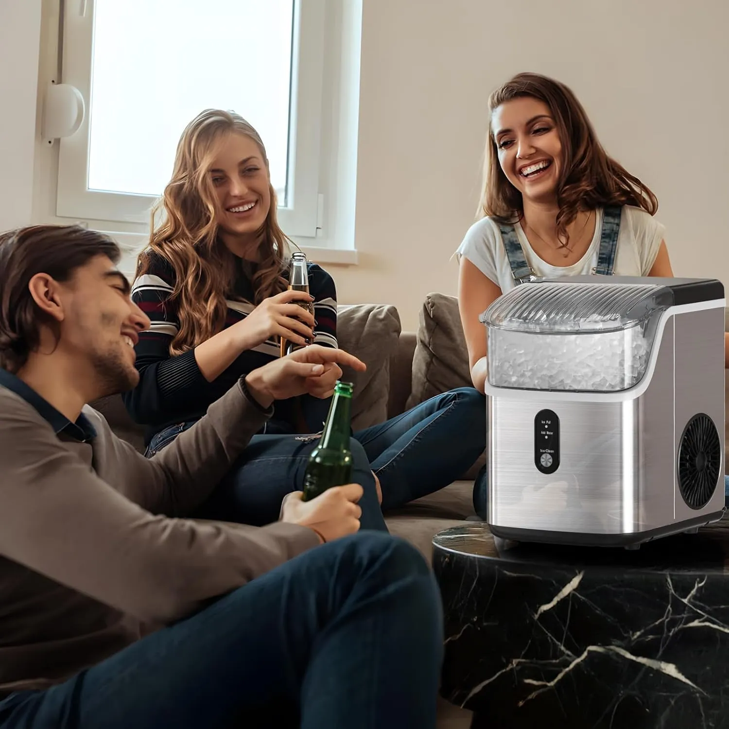 Antarctic Star Nugget Ice Makers Countertop, Pebble Ice Machine with Chewable Pellet Ice, 34Lbs/24H, Self-Cleaning, Sonic Ice, One-Click Operation, for Kitchen,Office Stainless Steel Silver