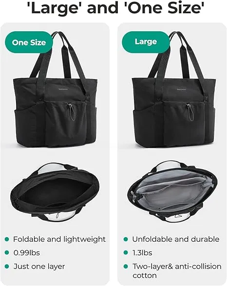 BAGSMART Women Foldable Tote Bag with Drawstring Storage Bag, Large Tote Bag Shoulder Bag Top Handle Handbag for Travel, Work, Beach, Gym, Shop, (Black)