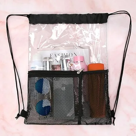 2 PACK Clear Drawstring Bag Stadium Approved, See Through Transparent PVC Drawstring Backpack, Clear Bag for for Concert Sport Festival Travel Work (Black)