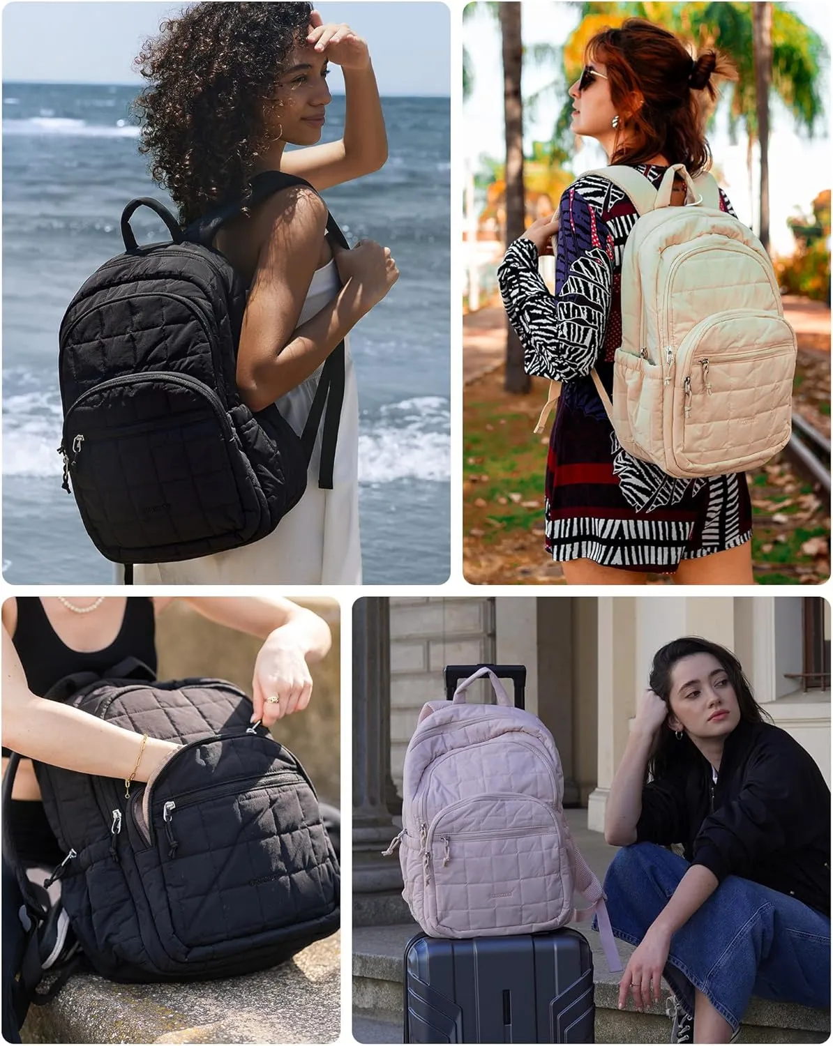 BAGSMART College Laptop Backpack, Travel Backpack for Women, Quilted Casual Daypack, Water-Resistant Bookbag for 15.6 Inch Laptop, Black