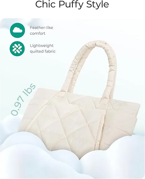 BAGSMART Tote Bag for Women, Puffy Tote Bag with Zipper, Large Quilted Shoulder Bag with Compartments for Travel, Work, Gym (Beige)