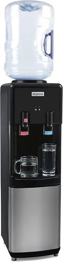 Igloo Top Loading Water Cooler – Hot & Cold Dispenser – Black & Stainless Steel, Holds 3 & 5 Gallon Jugs, Child Safety Lock – for Homes, Kitchens, Offices, Dorms
