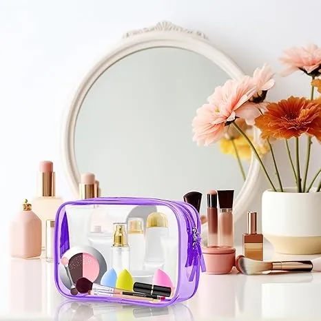 PLULON 2 Pack Clear Travel Toiletry Bag, TSA Approved Toiletry Bag Clear Makeup Bag Quart Size Portable Cosmetic Bags Carry on Travel Accessories Bag for Women Men - Purple