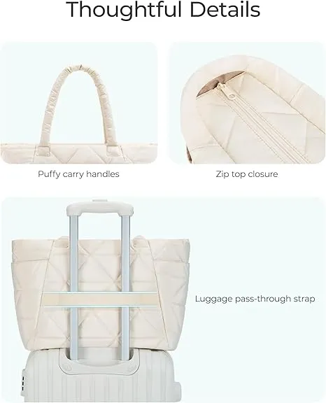 BAGSMART Tote Bag for Women, Puffy Tote Bag with Zipper, Large Quilted Shoulder Bag with Compartments for Travel, Work, Gym (Beige)