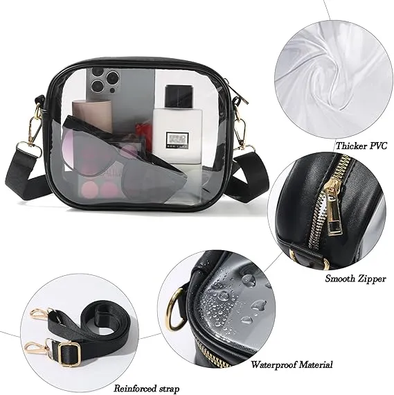 TOBVZOO Clear Purse Crossbody Bag for Women Stadium Approved, Small Leather Clear Bag with Adjustable Strap for Concert Sports Events (Black)