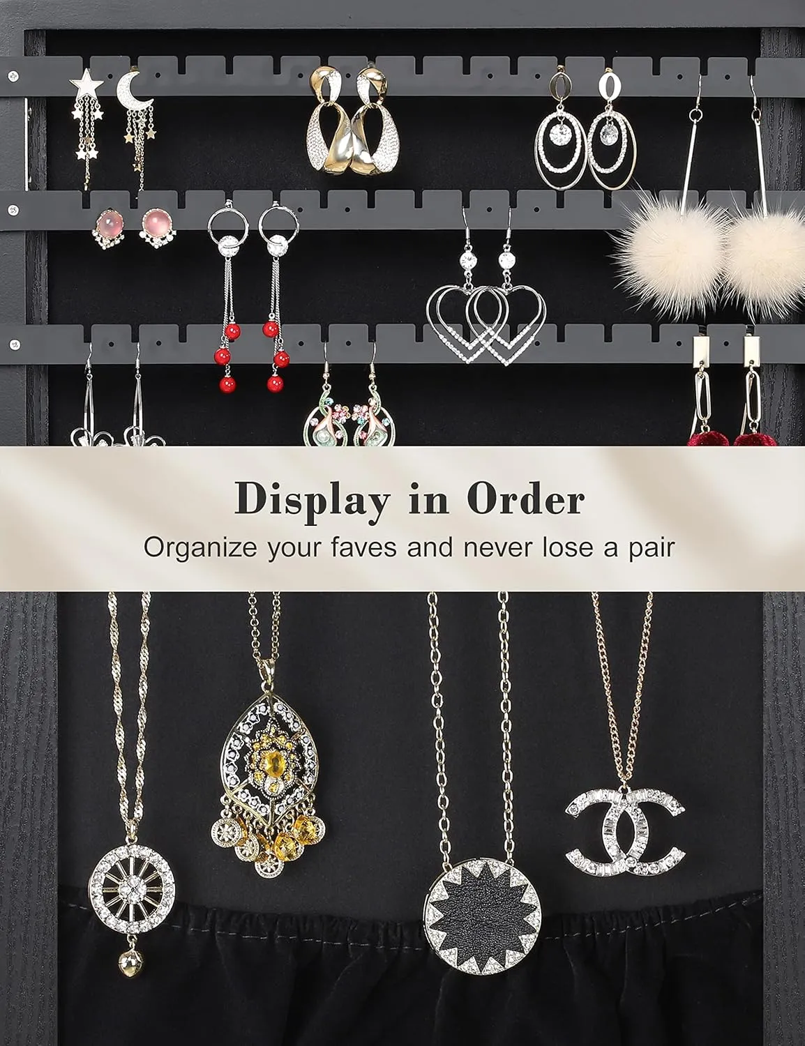 Nicetree 360° Swivel Jewelry Cabinet with Lights, Touch Screen Vanity Mirror, Rotatable Full Length Mirror with Jewelry Storage, Standing Jewelry Armoire Organizer, Foldable Makeup Shelf, Bla