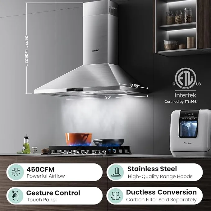 COMFEE' CVP30W7AST 30 Inch 450 CFM 3 Speed Gesture Sensing &Touch Control Panel Stainless Steel Wall Mount Ductless/Ducted Convertible Vent Baffle Filters and 2 LED Lights Range Hood