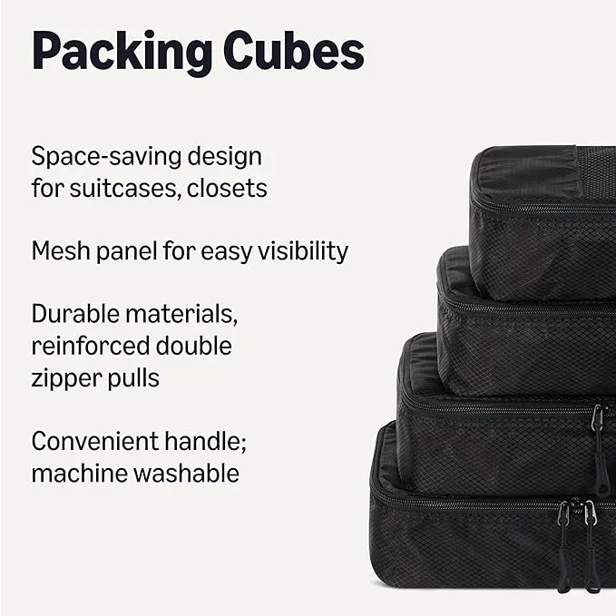 Amazon Essentials 4-Piece Packing Cubes Travel Accessories Set, Luggage Organizer with Double Zipper, Mesh Top, 100% Polyester, Small, Black (Previously Amazon Basics)