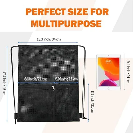 NATURAL STYLE 2 PACK Mesh Drawstring Backpack Bag, Multifunction Mesh Bag for Swimming, Athletic Gym, Clothes, Beach, Swim (Black)