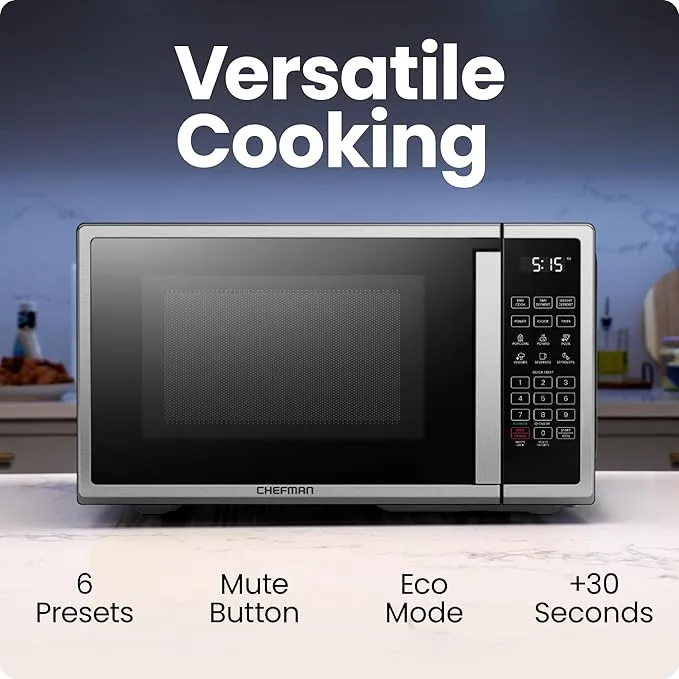 Chefman Countertop Microwave Oven 0.7 Cu. Ft. Digital Stainless Steel Microwave 700 Watts with 6 Auto Menus, 10 Power Levels, Eco Mode, Memory, Mute Function, Child Safety Lock, Easy Clean