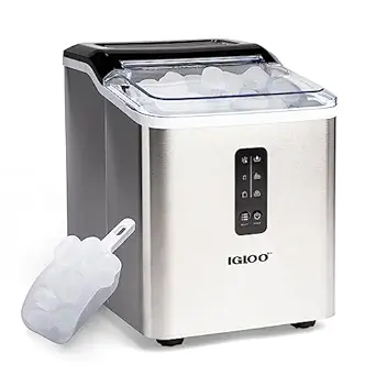 Igloo Automatic Ice Maker, Self-Cleaning, Countertop Size, 26 lbs in 24 Hours, 9 Large or Small Ice Cubes in 7 Minutes, LED Control Panel, Scoop Included, Great for Water Bottles, Stainless S
