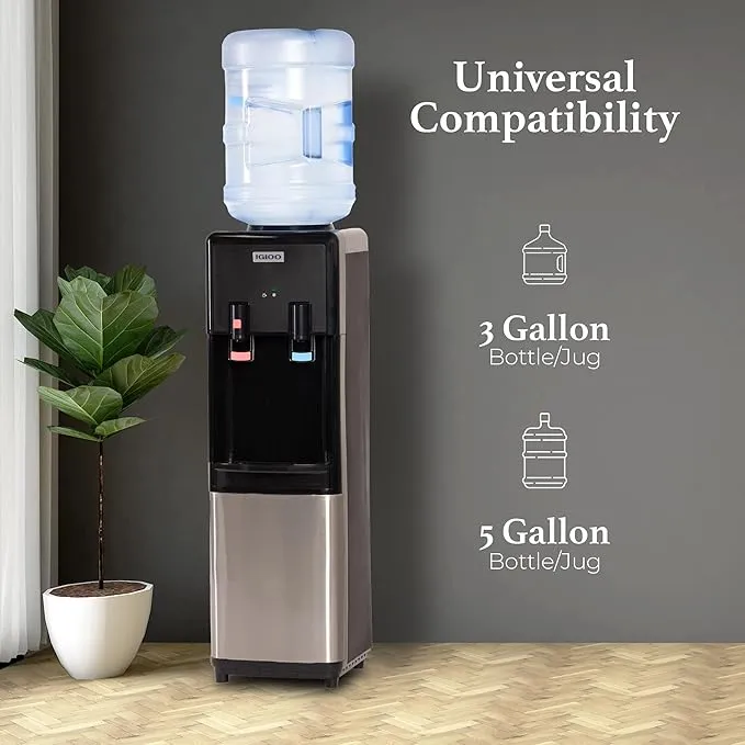 Igloo Top Loading Water Cooler – Hot & Cold Dispenser – Black & Stainless Steel, Holds 3 & 5 Gallon Jugs, Child Safety Lock – for Homes, Kitchens, Offices, Dorms