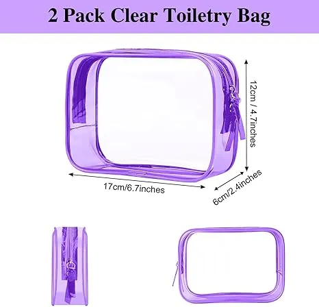 PLULON 2 Pack Clear Travel Toiletry Bag, TSA Approved Toiletry Bag Clear Makeup Bag Quart Size Portable Cosmetic Bags Carry on Travel Accessories Bag for Women Men - Purple
