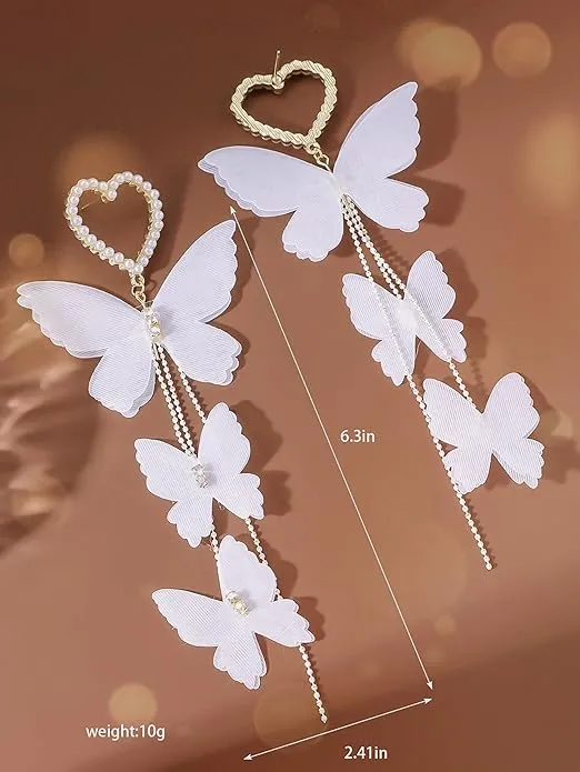 White Butterfly Beaded Heart Earrings for Women Dangle Drop Earrings Cute Earring