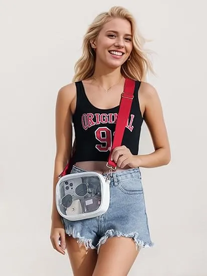 TOBVZOO Clear Purse Crossbody Bag for Women Stadium Approved, Small Leather Clear Bag with Adjustable Strap for Concert Sports Events (White - Red Striped Strap)