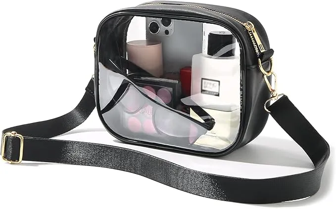 TOBVZOO Clear Purse Crossbody Bag for Women Stadium Approved, Small Leather Clear Bag with Adjustable Strap for Concert Sports Events (Black)
