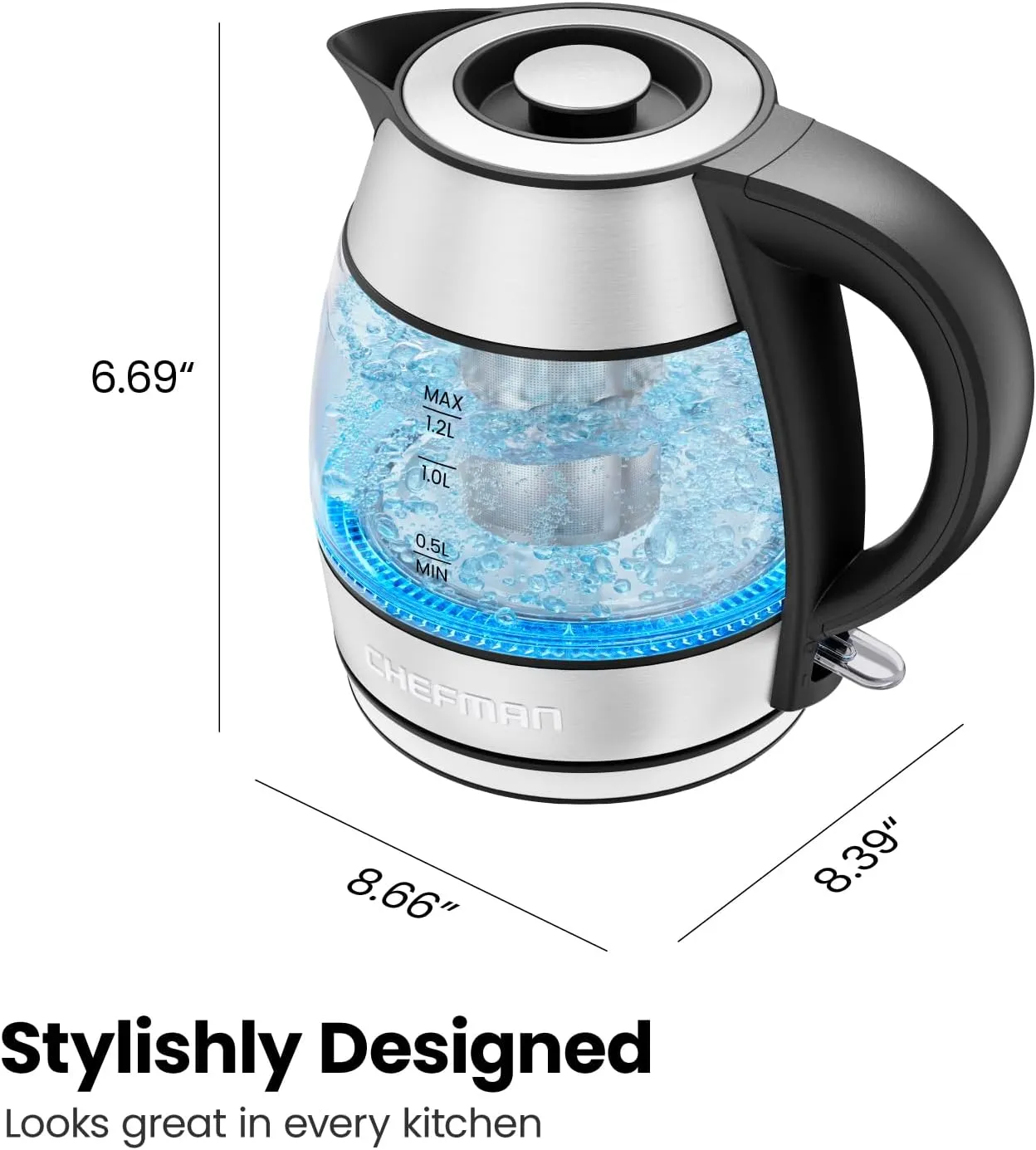 CHEFMAN Electric Kettle - 1.2L 1500W Hot Water Tea Pot with Infuser, BPA Free, Auto Shut Off, Boil-Dry Protection, Removable Lid, LED Light, Cordless Glass Electric Tea Kettle – Stainless Ste