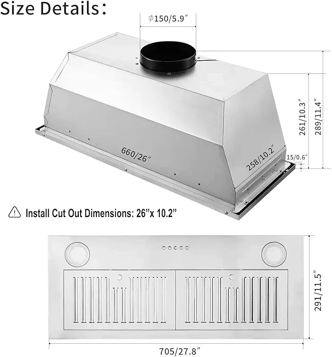 Zomagas Range Hood Insert 30 inch,Stainless Steel Kitchen Vent Hood 600CFM,Built-in Kitchen Stove Hood w/Front Button Controls and Front LED Lights,Baffle Filters,Ducted/ductless Convertible 