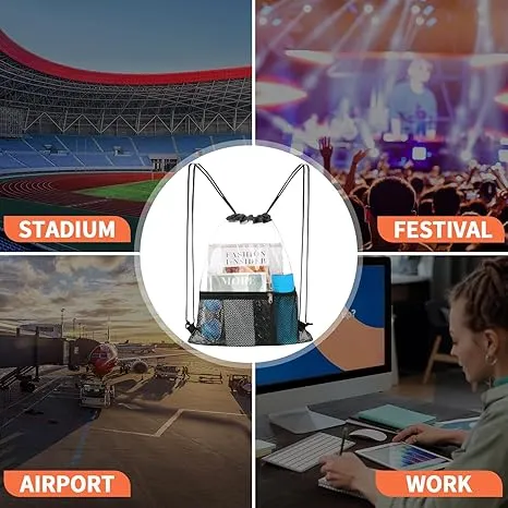 2 PACK Clear Drawstring Bag Stadium Approved, See Through Transparent PVC Drawstring Backpack, Clear Bag for for Concert Sport Festival Travel Work (Black)