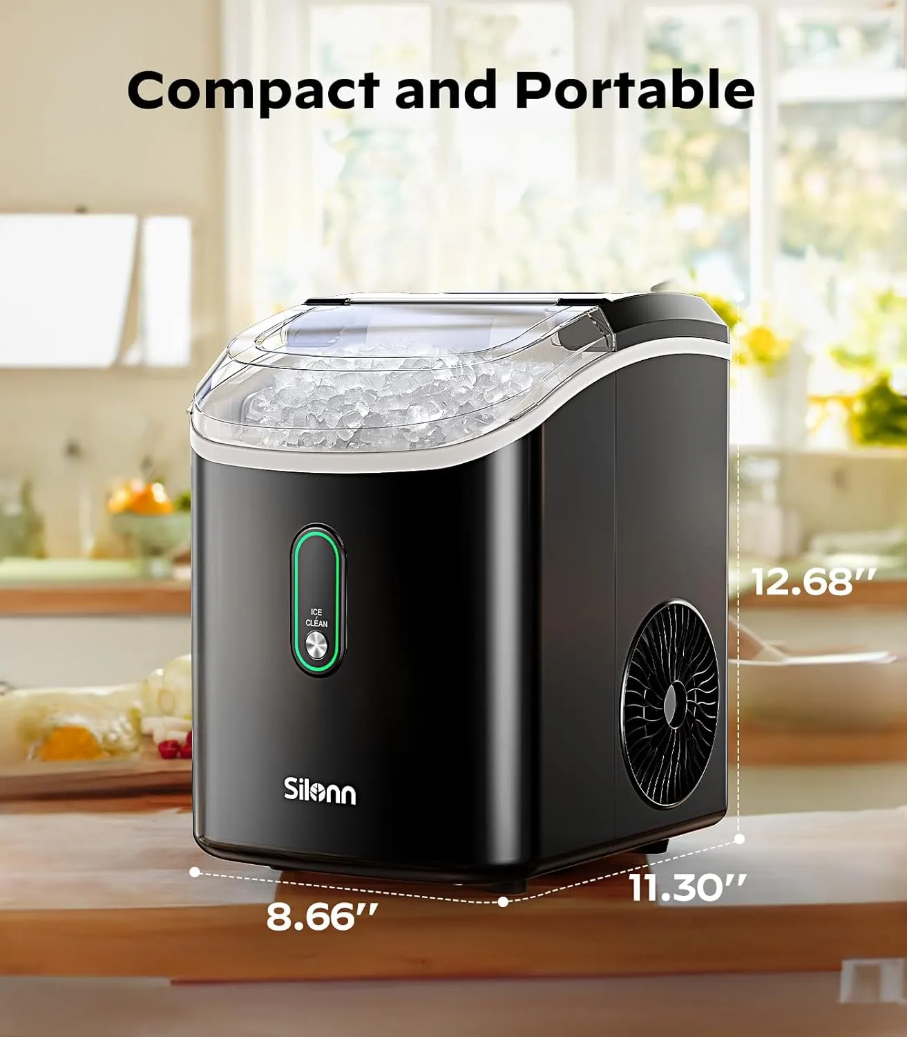 Silonn Nugget Ice Maker Countertop, Portable Pellet Ice Machine with Self-Cleaning Function, Sonic Ice Maker Produces 33lbs of Chewable Ice in 24 Hours, Ideal for Home Kitchen and Office, Bla