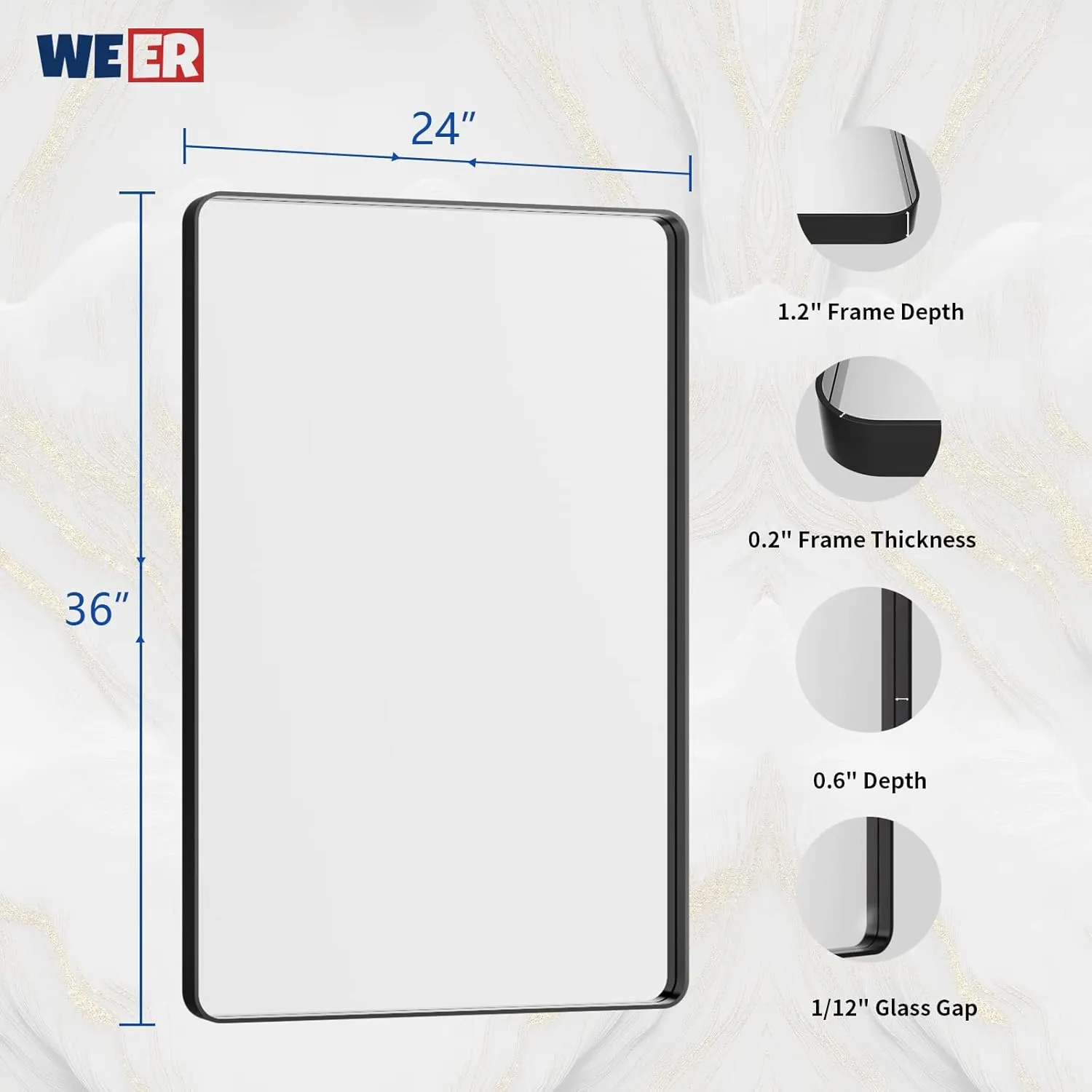 WEER Black Framed Bathroom Mirror, 24X36 Inch Rounded Rectangle Black Bathroom Mirror, Matte Black Bathroom Vanity Mirror for Wall, Anti-Rust, Tempered Glass, Hangs Horizontally or Vertically