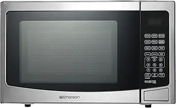 Emerson MWI1212SS Countertop Microwave Oven with Inverter and Button Control, LED Display 1000W 10 Power Levels, 8 Auto Menus, Glass Turntable and Child Safe Lock, 1.2 Cu. Ft, Stainless Steel
