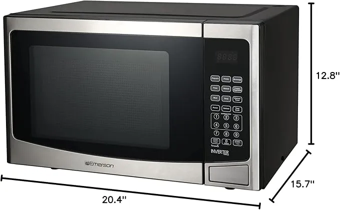 Emerson MWI1212SS Countertop Microwave Oven with Inverter and Button Control, LED Display 1000W 10 Power Levels, 8 Auto Menus, Glass Turntable and Child Safe Lock, 1.2 Cu. Ft, Stainless Steel