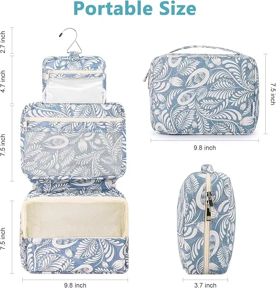 Mossio Hanging Toiletry Bag with Sturdy Hook - Large Portable Cosmetic Makeup Travel Organizer for Men & Women Blue Leaf