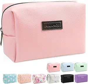 MAANGE Small Makeup Bag For Purse, Travel Cosmetic Bag Makeup Pouch PU Leather Portable Versatile Zipper Pouch For Women (Pink)