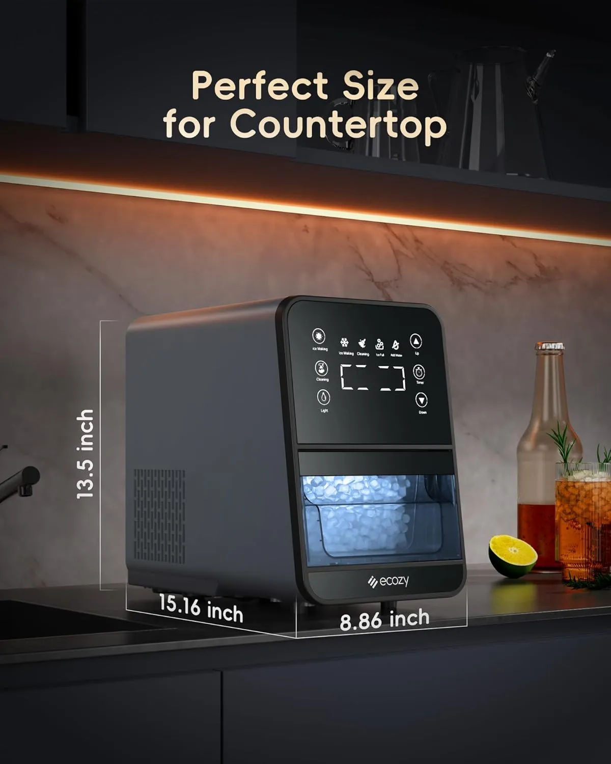 ecozy Nugget Ice Maker Countertop, Intuitive EcoScreen, 40lbs/24H Chewable Pebble Ice, 3lb Pull-Out Basket, Self-Cleaning, One-Touch Timer – Perfect for Home, Drinks & Cocktails