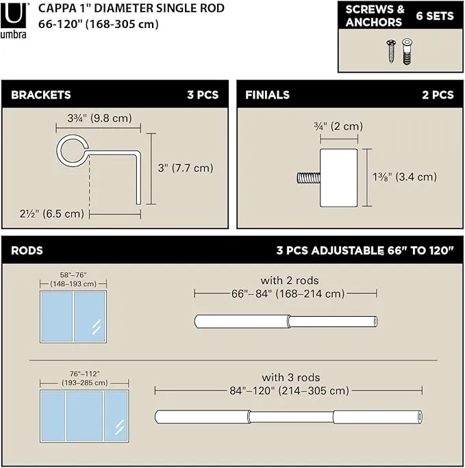 Umbra Cappa Curtain Rod, Includes 2 Matching Finials, Brackets & Hardware, 66 to 120-Inches, Black