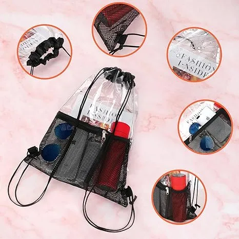 2 PACK Clear Drawstring Bag Stadium Approved, See Through Transparent PVC Drawstring Backpack, Clear Bag for for Concert Sport Festival Travel Work (Black)