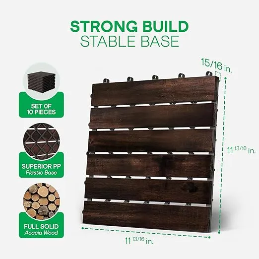 Idzo Interlocking Deck Tiles - 10PCS Waterproof Acacia Wood Patio Tiles, Flooring Tiles for Both Indoor and Outdoor - Decking Stripe Pattern, Dark Brown, 12 x 12 x 0.9 inches