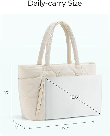 BAGSMART Tote Bag for Women, Puffy Tote Bag with Zipper, Large Quilted Shoulder Bag with Compartments for Travel, Work, Gym (Purple)