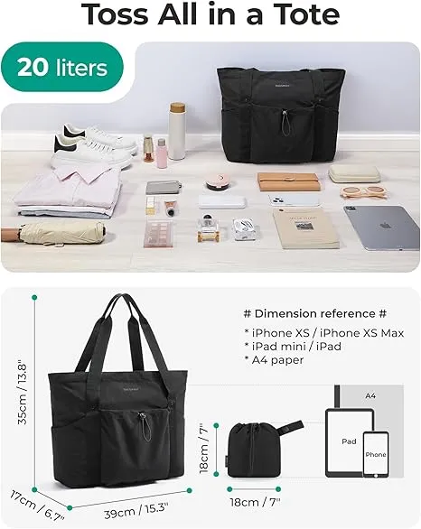 BAGSMART Women Foldable Tote Bag with Drawstring Storage Bag, Large Tote Bag Shoulder Bag Top Handle Handbag for Travel, Work, Beach, Gym, Shop, (Black)