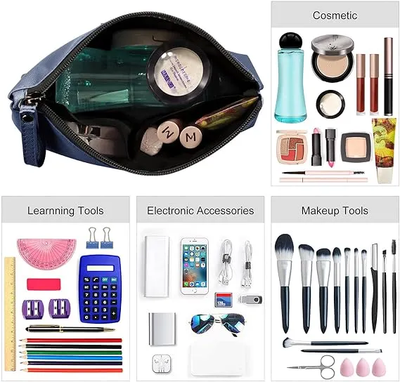Cosmetic Bags for Women Small Makeup Bag for Purse Pu Leather Makeup Pouch Travel Makeup Bag with Zipper Make Up Bag for Travelling (Dark Blue)